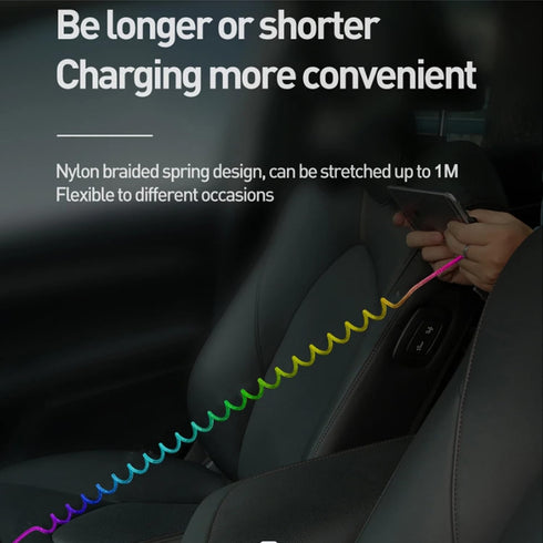 Rainbow Coiled Fast Charging Cable, USB C Spring Retractable Charger Cable for Car, 3FT Nylon Braided Type C Data