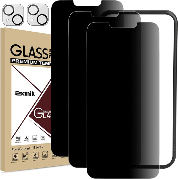 Esanik iPhone 14 Plus 6.7" Privacy Screen Protector 3+2 Pack, Anti-Spy Tempered Glass, 9H Hardness, Easy Install, Case