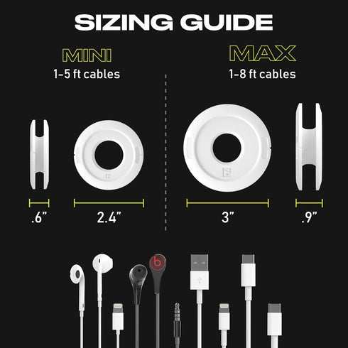 Side Winder Mini and Max Headphone Organizer, 2-Pack for Wrapping Earbuds and Cords for Travel (Black, Mini)