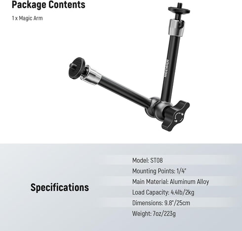 NEEWER 9.8"/25cm Adjustable Friction Magic Arm with 1/4" Screw, Compatible with SmallRig Cage, Flash, Microphone,