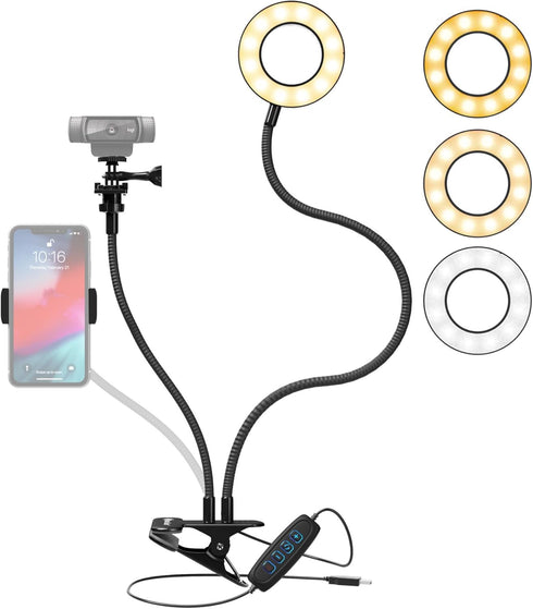 Knox Gear Clip On Selfie Ring Light Stand with Flexible Arm and Interchangeable Cell Phone Holder and Webcam/Camera