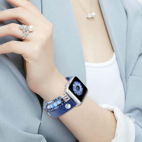 fastgo Leather Bracelet Band Compatible with Apple Watch 38mm 40mm 41mm, Dressy Elastic Beaded Jewelry Strap (Blue)