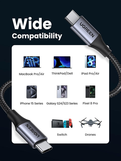 UGREEN 240W USB C to USB C Cable, 6.6FT Fast Charging for iPhone 15 Pro Max, Samsung Galaxy S24/S23, MacBook Pro/Air.