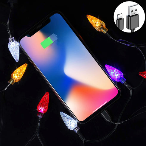 Christmas Light Phone Charging Cable Charger Cord USB-A to Light-ning 55"/10 LED Festive Bulb Cables Compatible with iPhone 5/6/7/8/13/14 Plus Pro X XR XS Max, Colorful