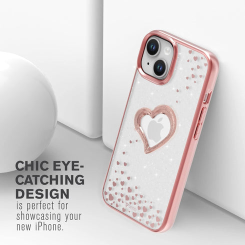 VENA vLove Glitter Clear Case for Apple iPhone 14/13 (6.1"-inch), Heart Shape Dual Layer Slim Hybrid Clear Bumper - Pink