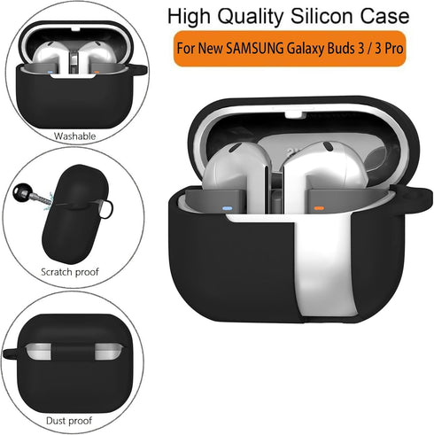 Olytop Soft Silicone Case Cover for Samsung Galaxy Buds 3 Pro & Buds 3 with Cleaner Kit, Keychain, Black