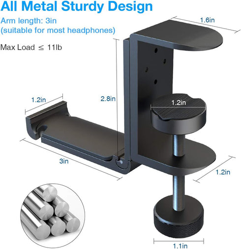 6amLifestyle Foldable Headphone Holder Hook Hanger Stand Under Desk - Metal Headset Wall Mount with Cable Organizer for