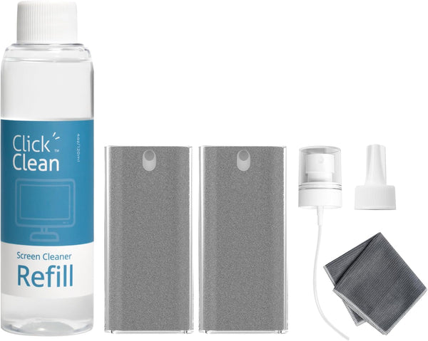 CLICK CLEAN Screen Cleaner Kits, 2 All-in-One Mist Cleaners with Refill, Microfiber Cloth, Mini Funnel, and Sprayer for
