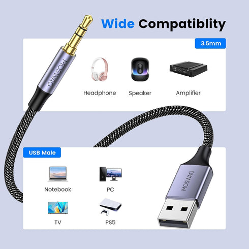 MOSWAG USB to 3.5mm, USB to Audio Jack Adapter, USB Male to 3.5mm Male AUX Stereo Audio Converter, Nylon Braided Headphone Jack to USB AUX Cable for PC, Laptop, Windows, Mac OSX, Home Stereo,Speaker
