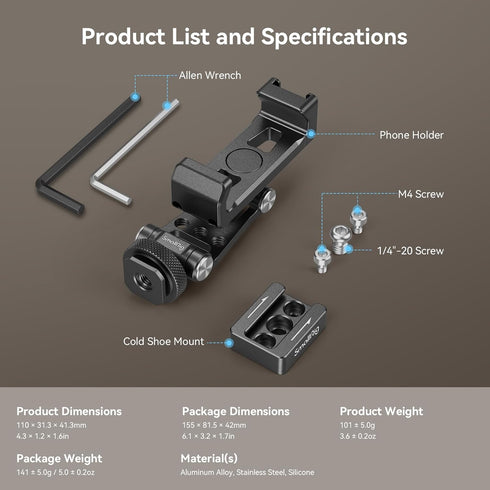 SMALLRIG Universal Phone Tripod Mount, Metal Cell Phone Mount with Cold Shoe and M4 Screws for DJI Stabilizers