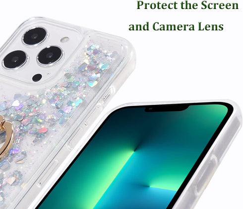 Glitter Case with Ring Holder for iPhone 13 Pro, Clear Kickstand Soft TPU Rubber Bumper, Silver