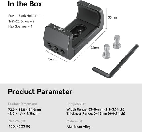 SmallRig Aluminum Power Bank Holder, Powerbank Mount Clamp Compatible with Width Range: 53 mm–84 mm and Thickness
