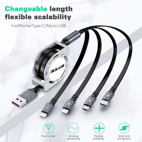 Multi Charging Cable 2Pack 4Ft - Retractable 4 in 1 Fast Charger for Cell Phones, Tablets, IP, Samsung Galaxy & More.