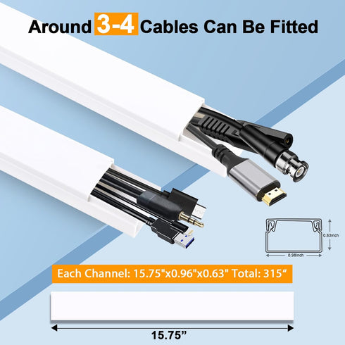 RAZCC Cord Hider, 315 Inch Cable Cover Raceway Kit for Cable Management, 20 Pack Wire Hider, White