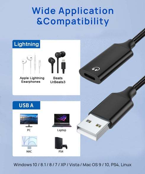 USB A to Lightning Female Audio Adapter, External Sound Card for USB-A to Female Lightning, HiFi Audio Headphones
