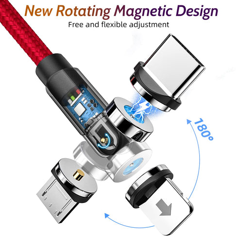 540° Rotating Magnetic Charging Cable (Red 4-Pack 3/3/6/6ft), 3 in 1 USB C Magnetic Phone Charger Cable, 2.4A Fast
