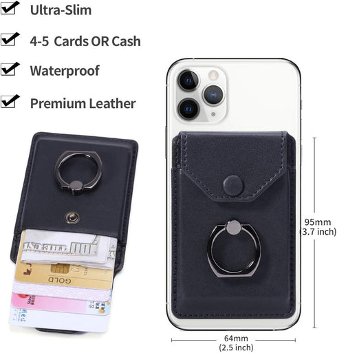 Ring Stand - Slim Leather Wallet Stick on Wallet for Cell Phone, Credit Card RFID Blocking Sleeve Black
