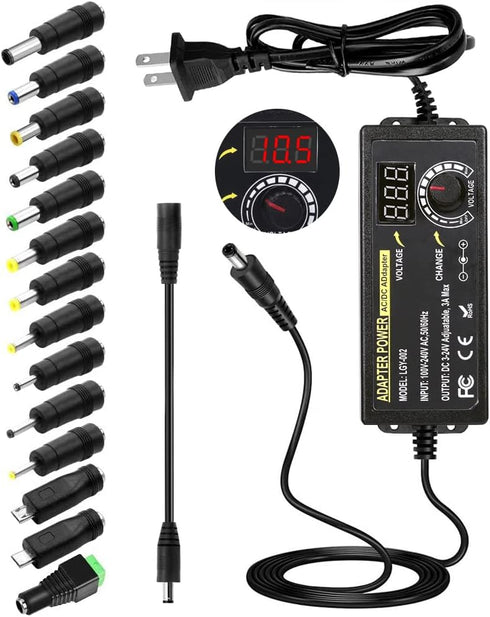 72W Power Supply Adjustable DC 3V ~ 24V Universal Switching AC/DC Adapter with LED Voltage Display and 14 Tips