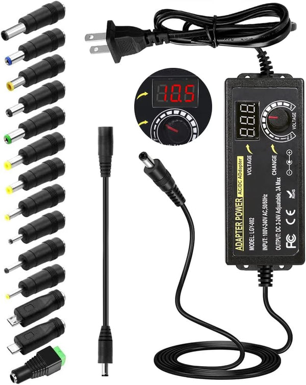 72W Power Supply Adjustable DC 3V ~ 24V Universal Switching AC/DC Adapter with LED Voltage Display and 14 Tips