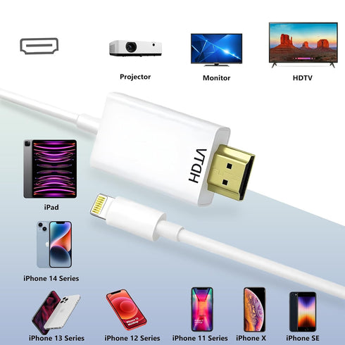 Lightning to HDMI Cable for iPhone, Digital AV Adapter, 1080P HD Video Sync Connector for TV & Projector