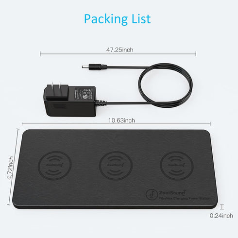 ZealSound Wireless Charging Pad, Ultra-Slim Triple Charger Station for 3 Devices & New Airpods, Black PU Leather