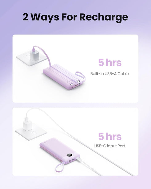 Coowisty 10000mAh Pack 5 2 Portable Charger with Built-in Cable, Slim USB C Power Bank, External Battery Outputs Inputs