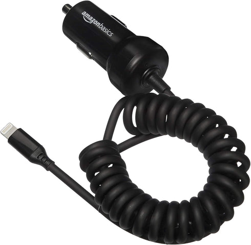 Amazon Basics 12W Car Charger with Lightning Cable (Coiled) for iPhone and Apple Devices, 1.5 ft - Black