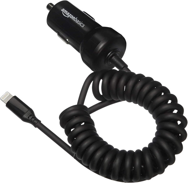 Amazon Basics 12W Car Charger with Lightning Cable (Coiled) for iPhone and Apple Devices, 1.5 ft - Black