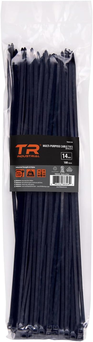 TR Industrial Multi-Purpose UV Resistant Black Cable Ties, 14 inches, 100 Pack