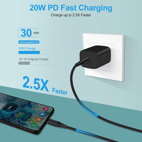 Type C Charger Fast Charging Block for Samsung Galaxy A15 5G,A55,A35,A14,A13,A25,A54,S24 S23 FE,A03s,S21 FE,A53,Z Fold5,20W PD 3.0 USB C Wall Charger 38W Car Adapter+2 PCS Android 6ft USB C-to-C Cable