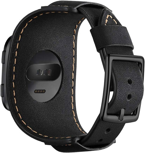 Genuine Leather Cuff Bracelet Replacement Strap for Fitbit Versa Bands - Stainless Steel Buckle for Men Women (Black)
