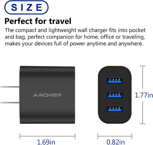 Amoner Wall Charger - Upgraded 2Pack 15W 3-Port USB Plug Cube for iPhone and Galaxy Devices
