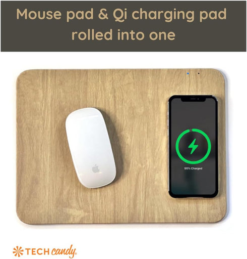 Tech Candy Power Pad Qi Charger Mouse Pad - Slim Wireless Phone Charger with Natural Wood Look, Built-in LED Light, USB