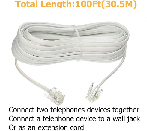 Uvital 100 Feet Telephone Landline Extension Cord Cable with Standard RJ-11 6P4C Plugs (White 30.5M, 1 Pack)