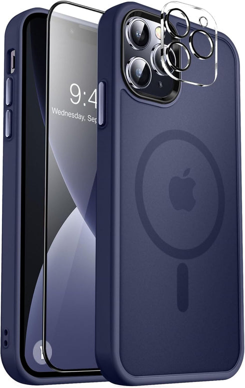 MOCCA Slim Shockproof Case for iPhone 13 Pro Max 6.7", Deep Blue, with MagSafe, Glass Screen & Camera Lens Protectors.