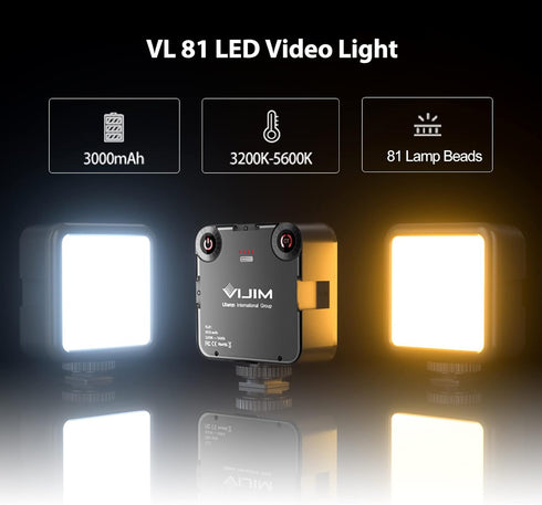 VIJIM LED Video Light, VL81 On Camera Light with 3 Cold Shoe, Rechargeable 3000mAh Battery, Dimmable 3200K-5600K