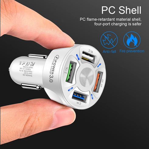 4 Ports USB Car Charger Adapter, Fast QC3.0 Quick Phone Charger with LED Light, Compatible with iPhone and Galaxy