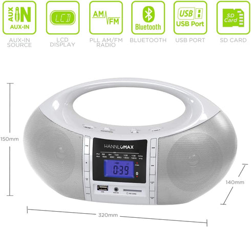 HANNLOMAX HX-506R Portable AM/FM Radio, Bluetooth, USB/SD Slot for MP3 Playback, Aux-in, AC/DC Dual Power Source. (White)