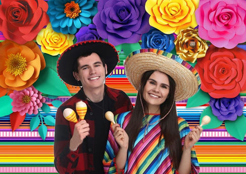 Mexican Theme Party Striped Backdrop - Fiesta Cinco De Mayo Paper Flowers Background for Cake Table Decor