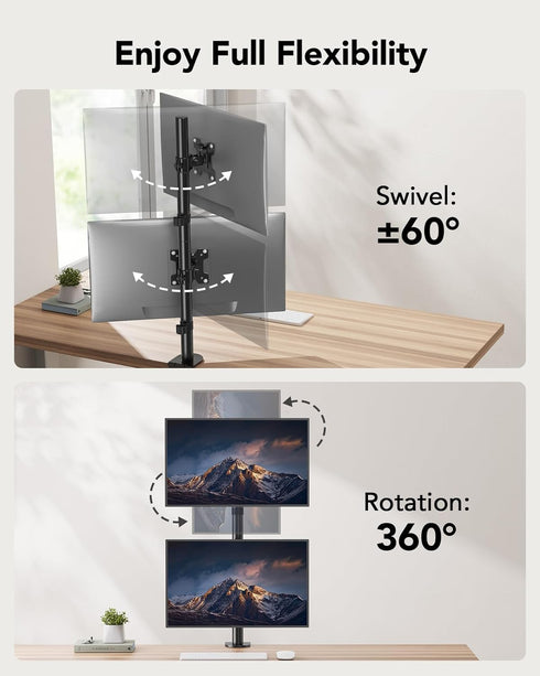 HUANUO Vertical Dual Monitor Mount, Stacked Monitor Stand for 2 Monitors with Height Adjustment
