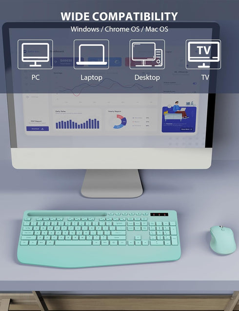Wireless Keyboard and Mouse Combo - Full-Sized Ergonomic Keyboard with Wrist Rest, Silent 2.4GHz for PC, Mac