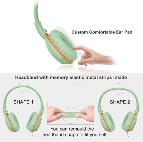 SIMOLIO Kids Headphones with Cord - Wired Headphones with Microphone, Volume Limited for School Travel (Green)