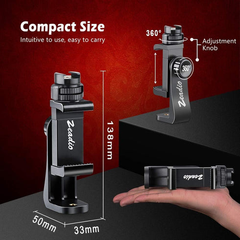Zeadio Tripod Smartphone Mount, Cell Phone Holder Adapter Clamp with Cold-Shoe Mount, Fits All iPhone and Android