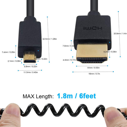 Duttek Extreme Thin Coiled Micro HDMI to HDMI Cable 6FT/1.8M, Compatible 4K@60Hz, 1080P, 3D, and Audio Return