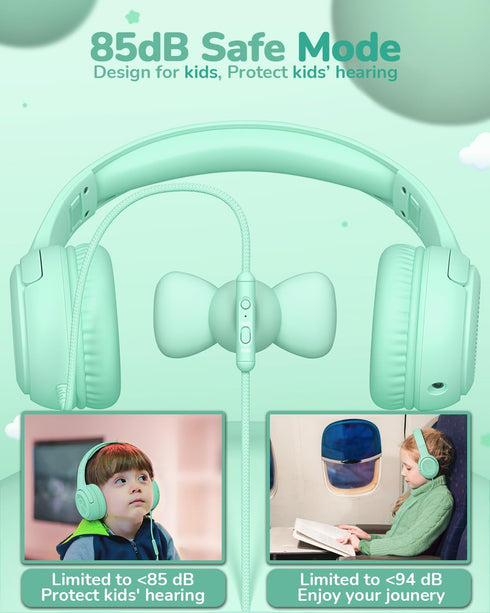 Kids Headphones for School, Toddler Wired with Microphone, Plug in Bulk for Boys and Girls 3+ Year Old Green