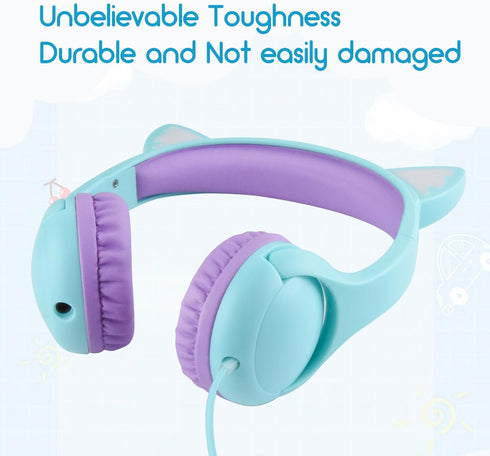 Kids Headphones with MIC for School, 85dB Safe Volume Limited Light Up Cat Ear Headphones, Wired On-Ear (Green/Purple)