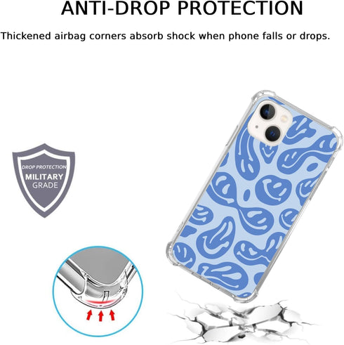 Blue Melting Smile Face Case for iPhone 13, Hippie Drippy Smiling Face, Cool Trendy TPU Bumper Cover for Teens, Men,