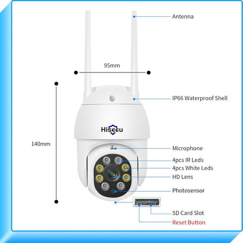 Hiseeu 2K 3MP PTZ Outdoor Security Camera, WiFi Camera with Auto Tracking, Light Alarm, Two-Way Audio, Plug-in Cable