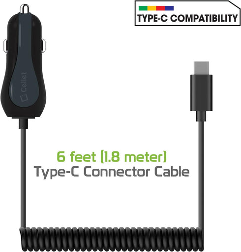 Cellet High Powered 3Amp Fast Charging 15Watt Dual USB Port Car Charger with 4ft Long Type-C Cable