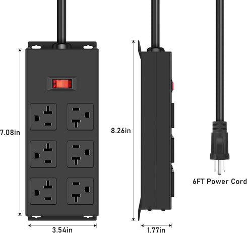 JUNNUJ Heavy Duty 20 Amp Power Strip with 6 Outlets, 12 Gauge Surge Protector, 3000J, 6 FT Extension Cord for Garage